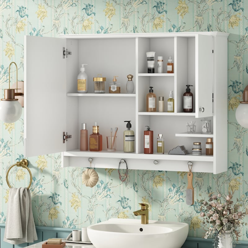 Wall Mounted Bathroom Cabinet, Mirror Cabinet with Towel Hanging Button, Medicine Cabinet with Mirror Door & Adjustabl Shelf