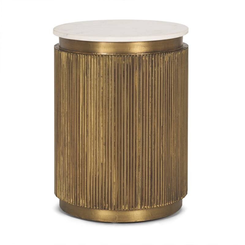 HomeRoots 22" White and Gold Stone and Brass Round Block End Table - 16.00 in. x 22.25 in. x 16.00 in.