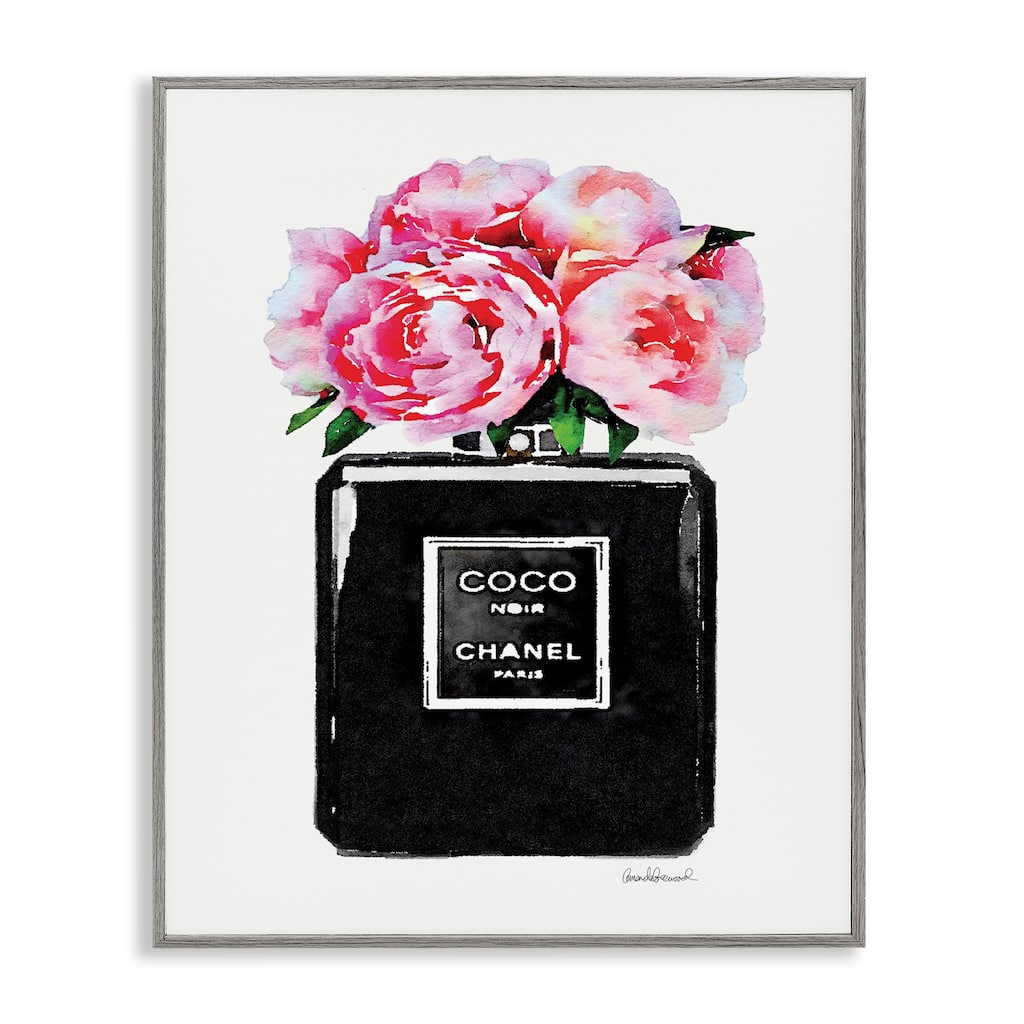 Stupell Glam Perfume Bottle Flower Black Peony Pink Framed Wall Art