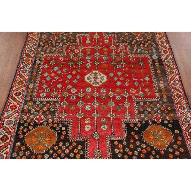 Hand Knotted Oriental 100% Wool Carpet Traditional Medallion Red Shiraz Area Rug - 10' 5'' X 6' 4''