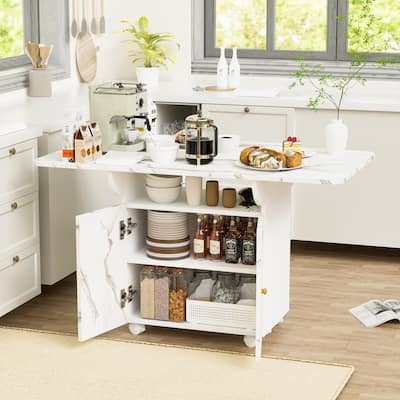 47" Wood Folding Dining Table with storage rack and cabinet, Removable Entryway Table with 6 Wheels