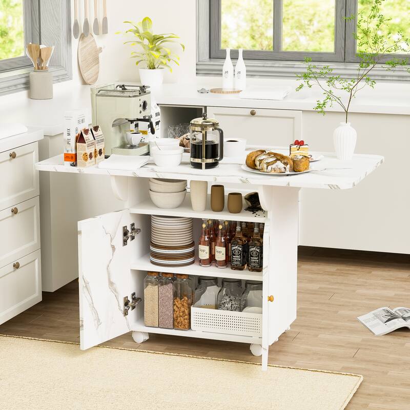 Mobile Kitchen Island with 6 Wheels 47 Inch Wooden Folding Dining Table with Storage Shelves and Cabinets Kitchen Storage Cart - White