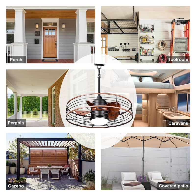 Bella Depot 23" Industrial Outdoor Ceiling Fan with Light and Remote for Courtyard, Bathroom, Corridor Caged Ceiling Fan - 23.6"