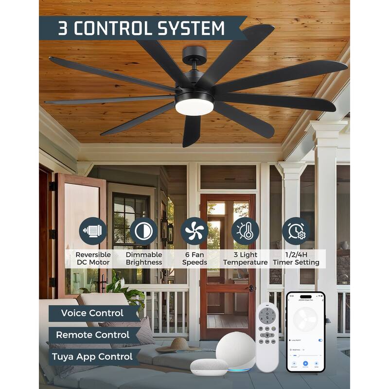 72 Inch 24W Led Ceiling Fans with Lights, 9-Blades, Remote Control and App and Alexa Google Voice Control