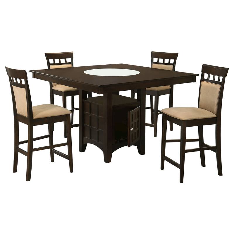 Uric Counter Height Dining Table w Wine Storage, 4 Lattice Chairs, Brown, Tan Seats