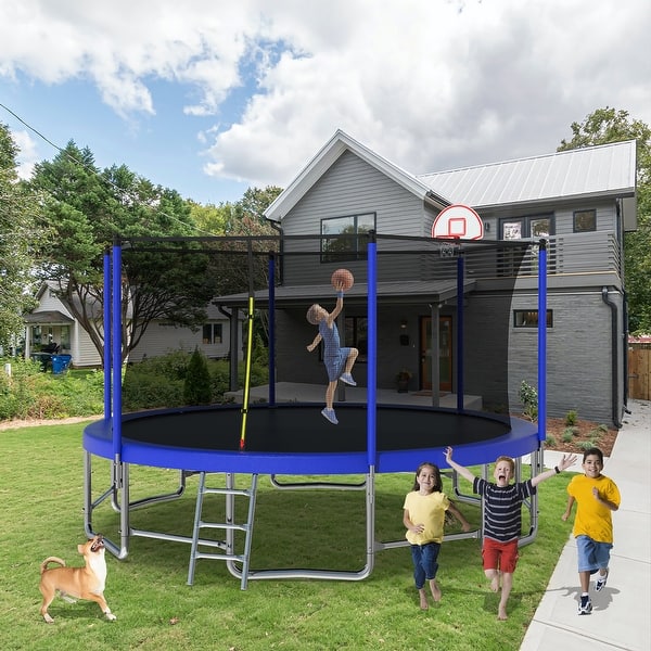 slide 2 of 21, 15 ft. Round Outdoor Trampoline with Safety Enclosure Net 179.92" x 179.92"