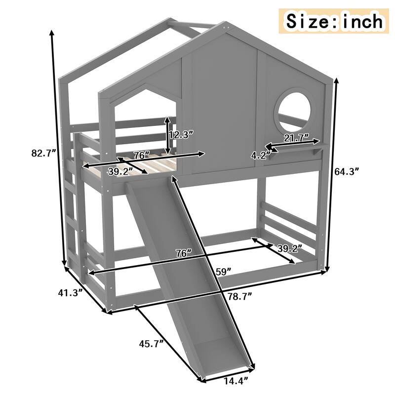 Twin House Bunk Bed with Slide and Storage Shelves, Solid Wood House Loft Bed with Window, Childlike Design