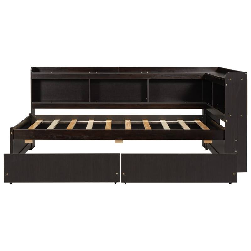 Twin-Size L-Shaped Bookcase Bed - Built-In Power Outlets, USB Ports & 2 Drawers‌