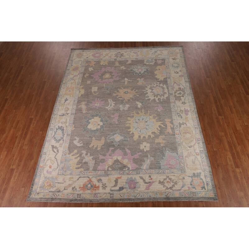 Vegetable Dye Oushak Turkish Rug Hand-Knotted Brown Wool Carpet - 9'2"x 11'10"