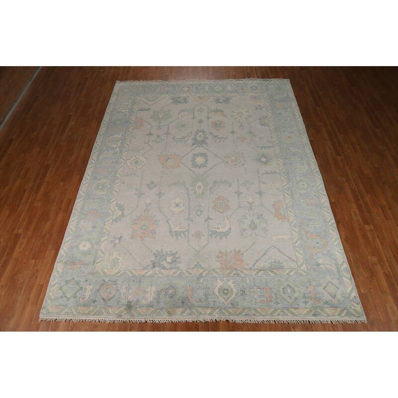 Gray Transitional Oushak Indian Area Rug Hand-Knotted Wool Carpet - 9'0"x 11'10"
