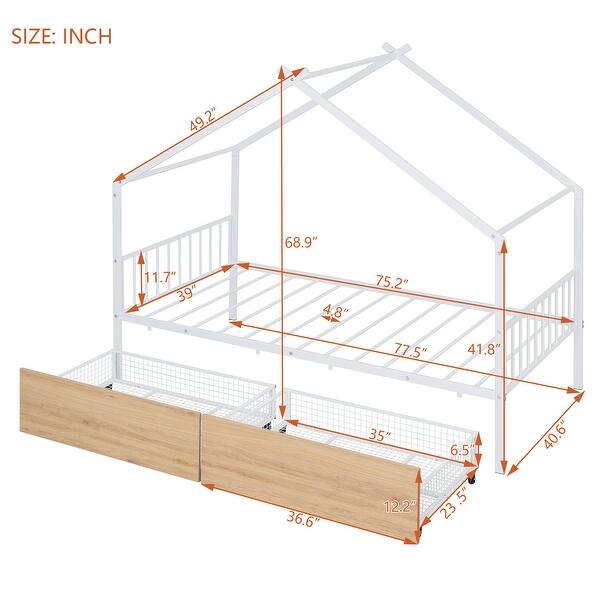 White Twin Size Metal House Bed with Two Drawers and Roof for Kids, Boys and Girls, Bedroom