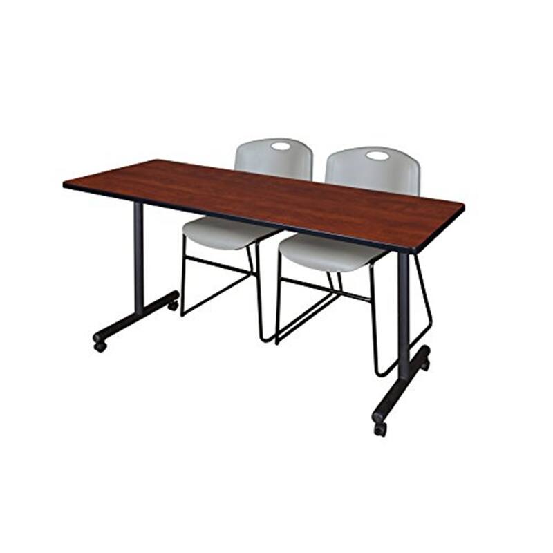 66" x 24" Mobile Training Table- Cherry & 2 Stack Chairs- Grey