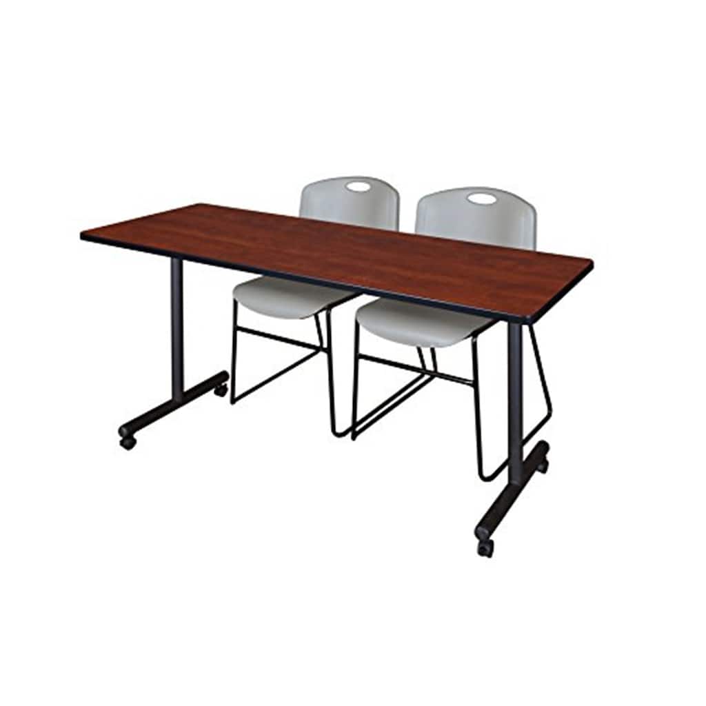 72" x 24" Mobile Training Table- Cherry & 2 Stack Chairs- Grey