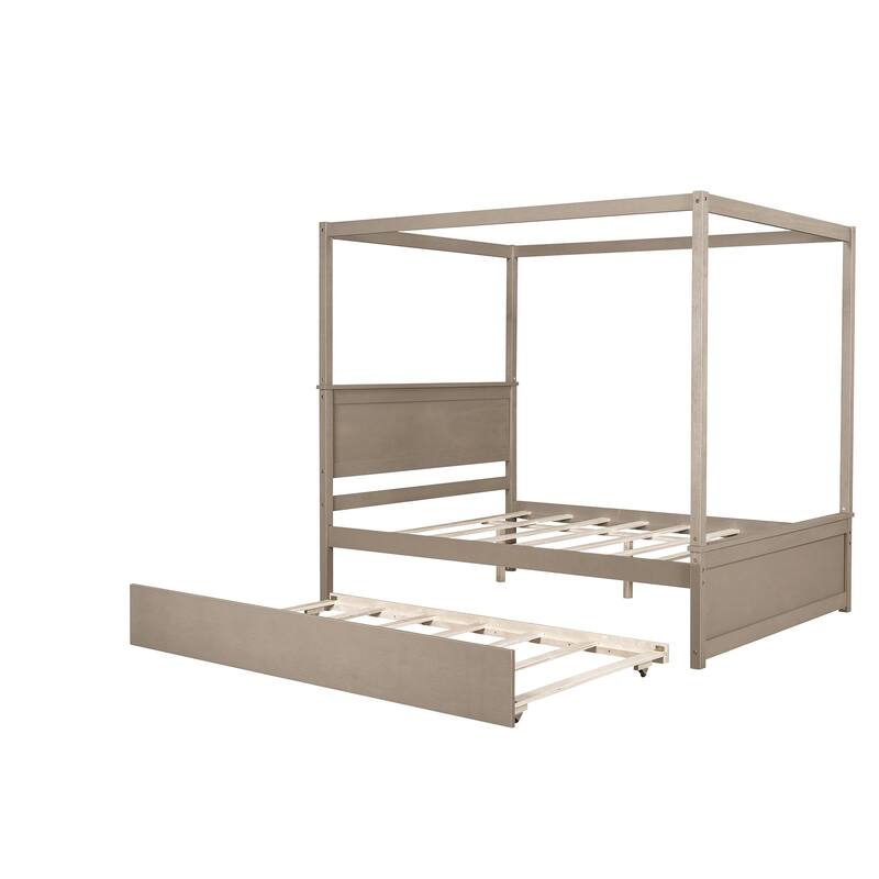 Full Size Canopy Platform Bed with Trundle, Solid Wood Frame, Support Slats Included