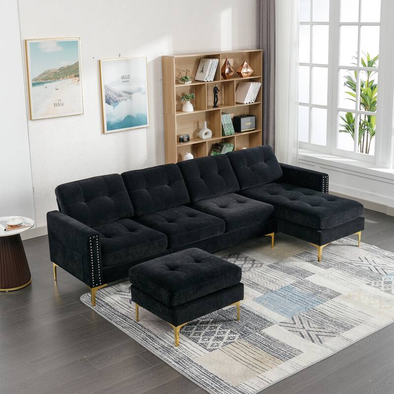 L Shaped Convertible Sectional Sofa with Ottoman, Velvet Fabric 5 Seater Sofa, Upholstered Sofa with Chaise & Storage Pockets