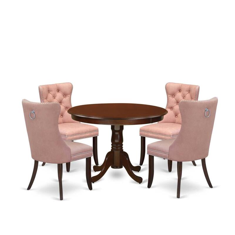 Modern 5 Piece Dining Set - Round Kitchen Table with 4 Upholstered Chairs - Mahogany Finish