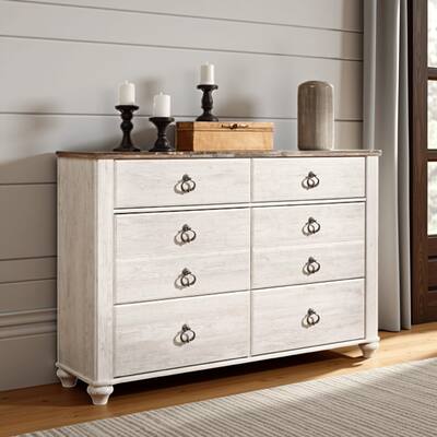 Isla Wide Dresser, 6 Drawers, Brown Wood Finish Top, Rustic Whitewash