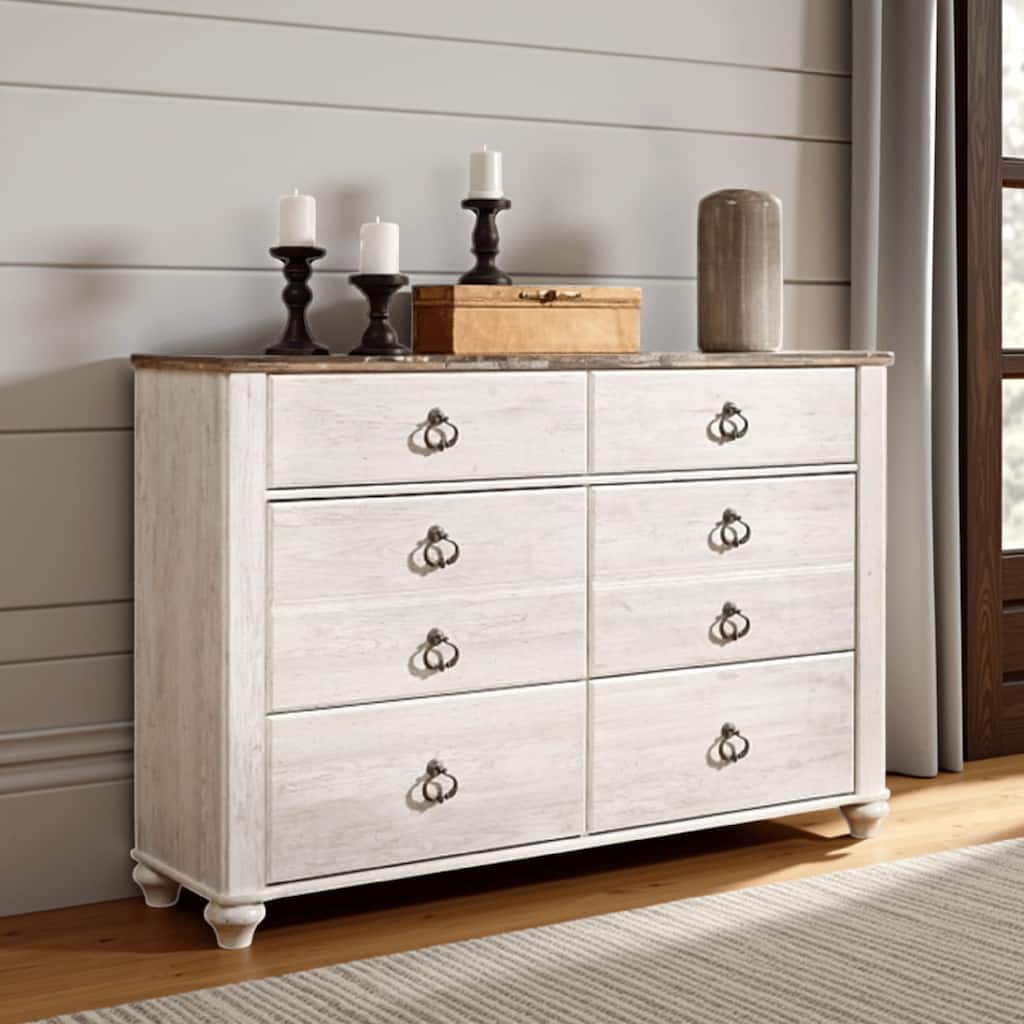 Isla Wide Dresser, 6 Drawers, Brown Wood Finish Top, Rustic Whitewash