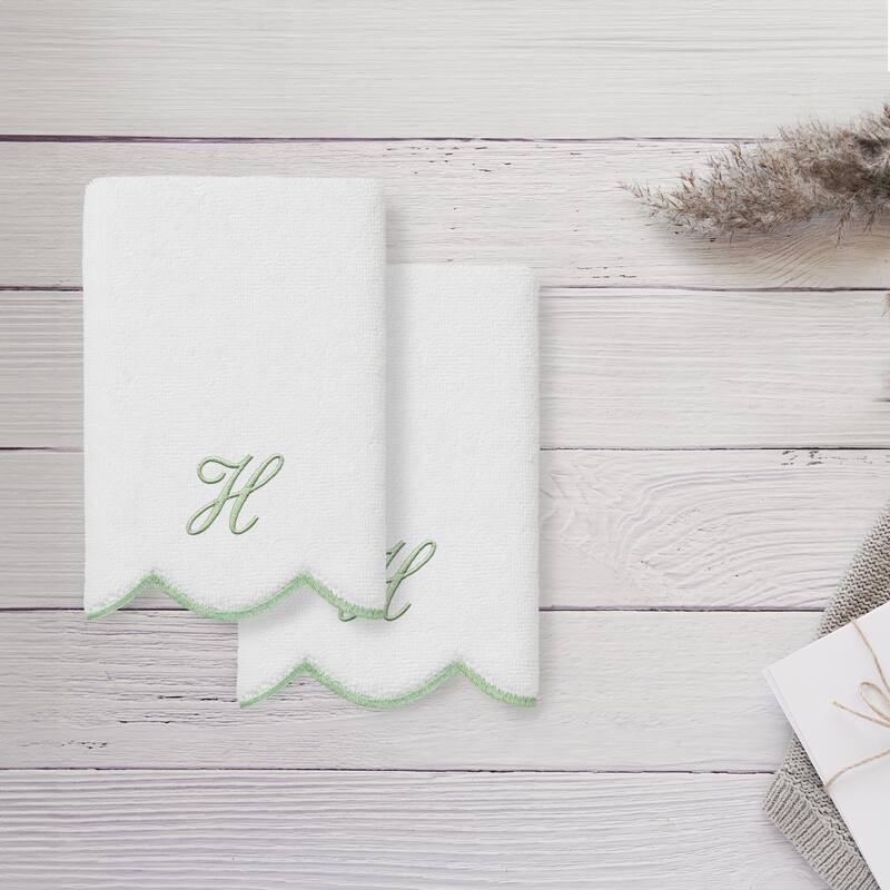 Authentic Hotel and Spa 100% Turkish Cotton Green ADORNIA Scallop Personalized 2 Piece Fingertip Towel Set - 2 Fingertip Towels