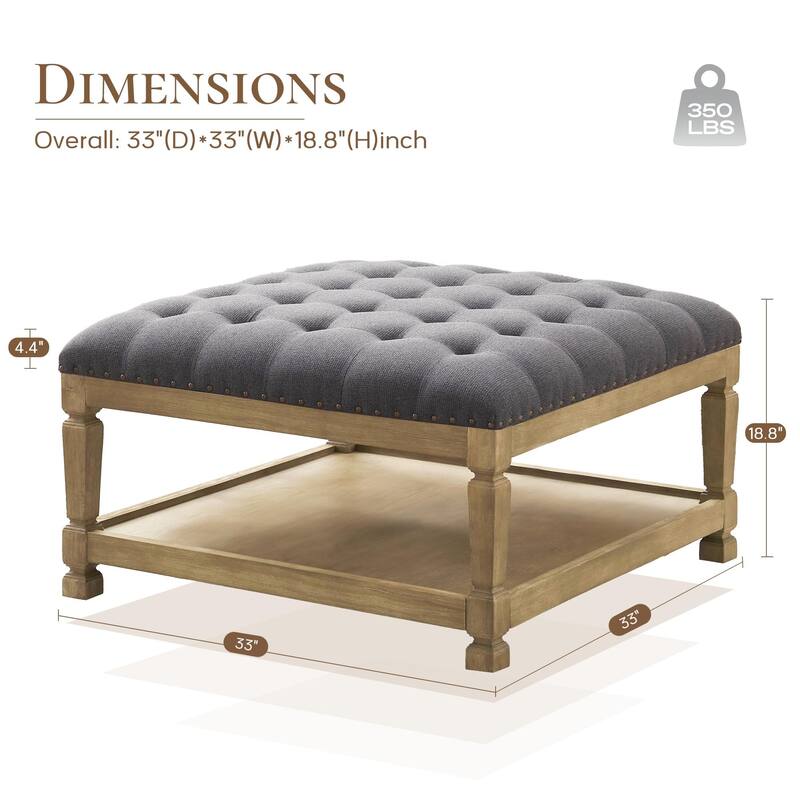 Button-Tufted Upholstered Coffee Table Ottoman with Wooden Shelf – Square Fabric Ottoman
