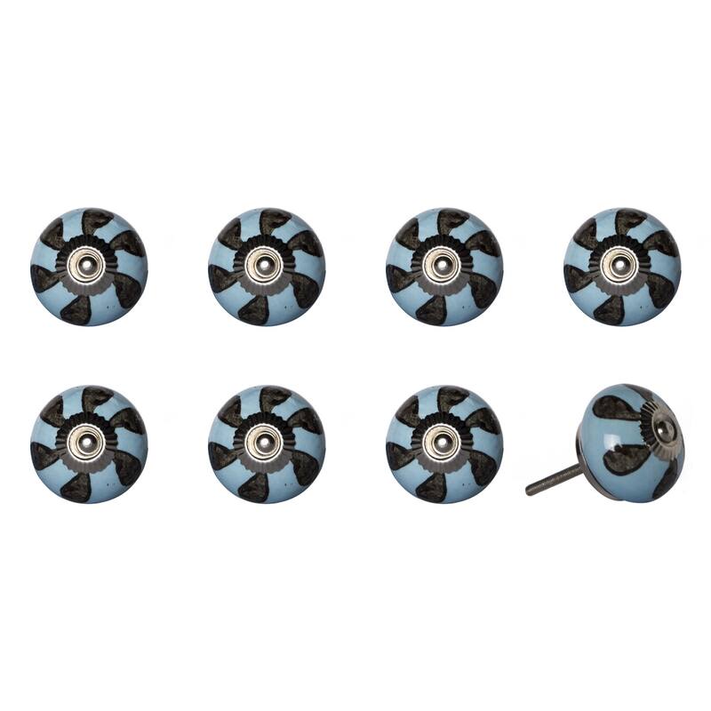 Set of 8 Floral Themed Blue and Grey Ceramic Cabinet Knobs with Metal Backplate and Silver Finish - 1.5” x 1.5” x 1.5”