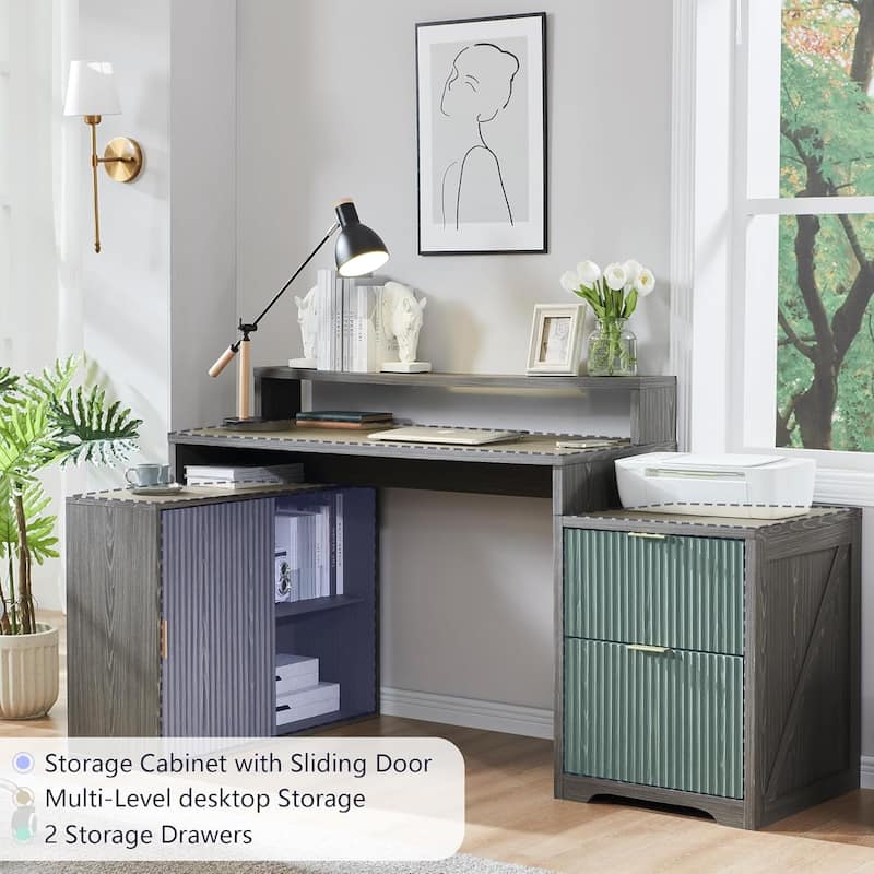 67" Modern L Shaped Desk, Wood Home Office Desk with Charging Station