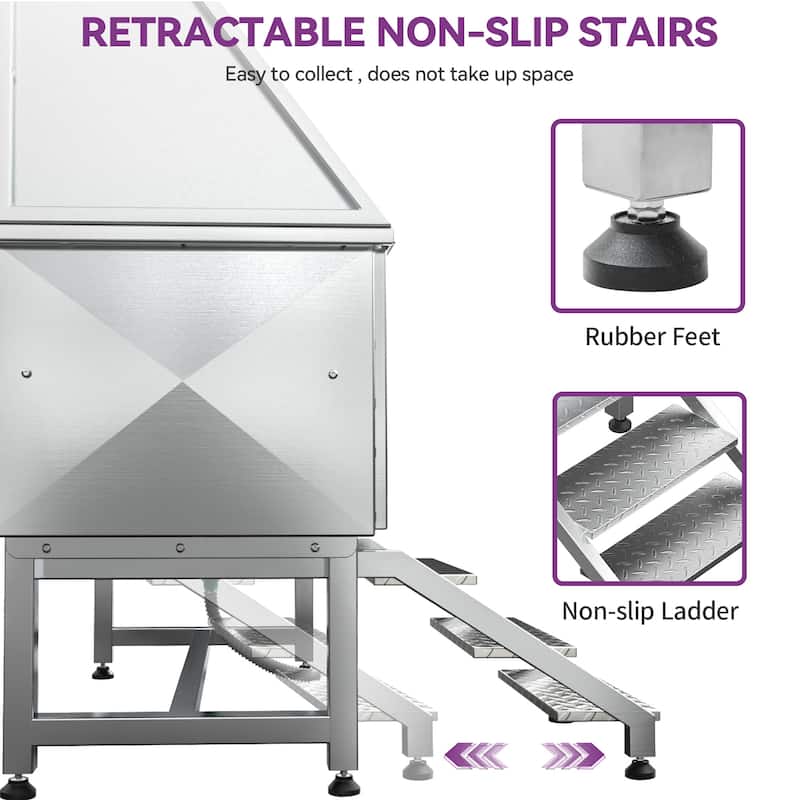 50'' W Stainless Steel Adjustable Pet Grooming Tub with Steps - Silver