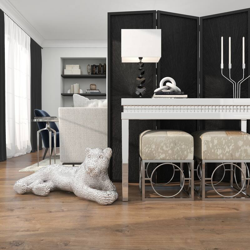 Polystone Floor Leopard Sculpture with Carved Faceted Diamond Exterior - Black or Silver