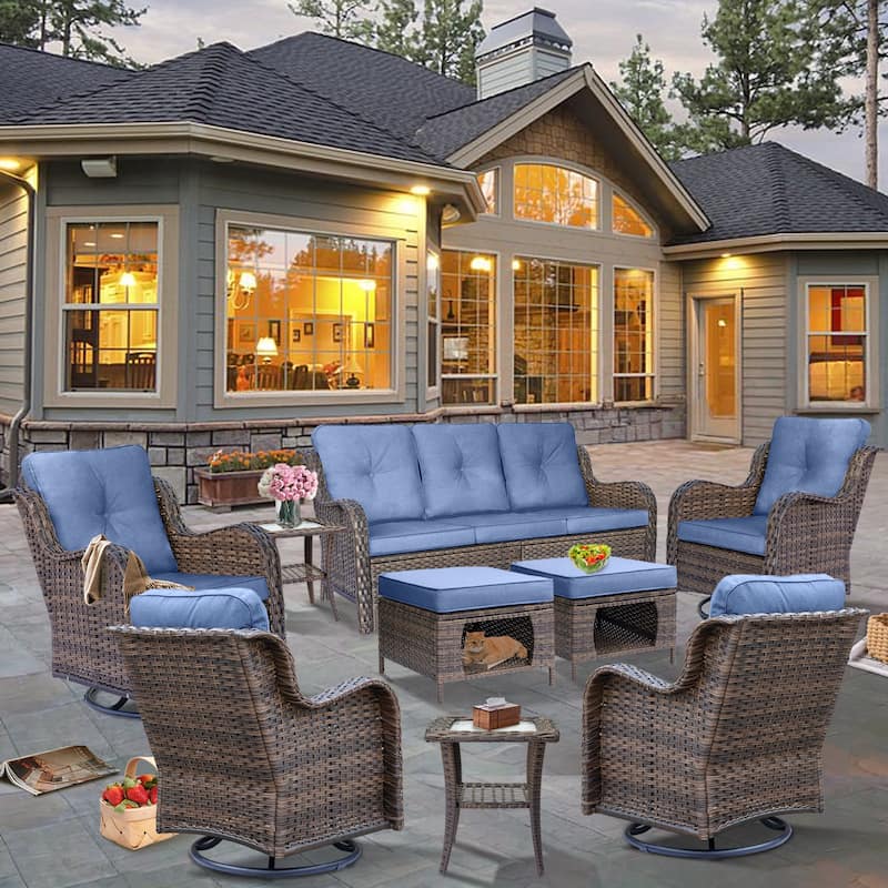 9 Piece Outdoor Patio Furniture Set Wicker Swivel Chair with Ottoman