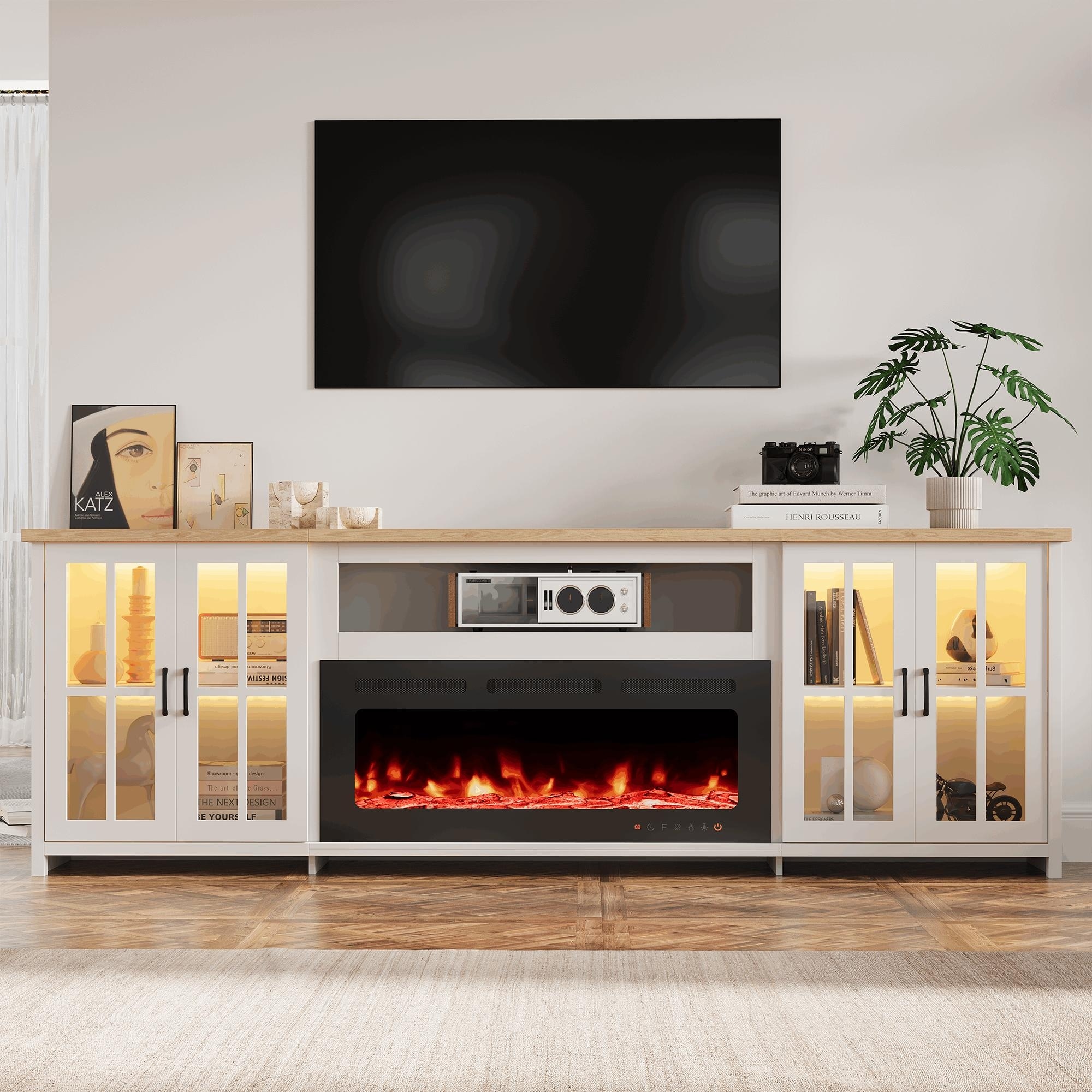 EROMMY 78"/ 97" Fireplace TV Stand with Electric Fireplace, Farmhouse Media Console with LED Lights, Glass Doors