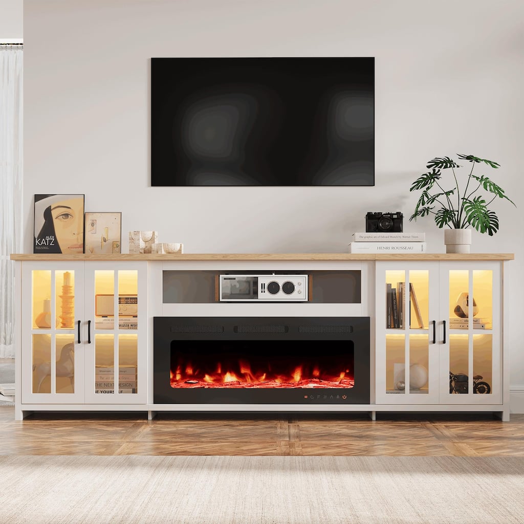 EROMMY 78"/ 97" Fireplace TV Stand with Electric Fireplace, Farmhouse Media Console with LED Lights, Glass Doors