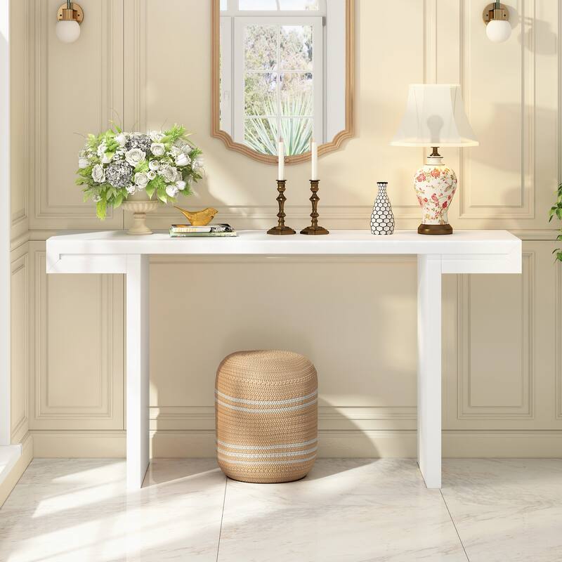 Large 60" Console Table with Geometric Clean Lines Design and Adjustable Feet - White