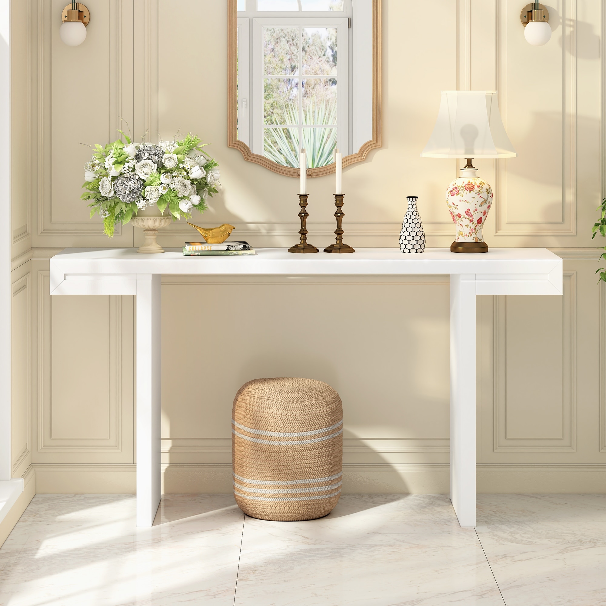 Large Console Table With Geometric Clean Lines Design And Adjustable Feet For Living Room