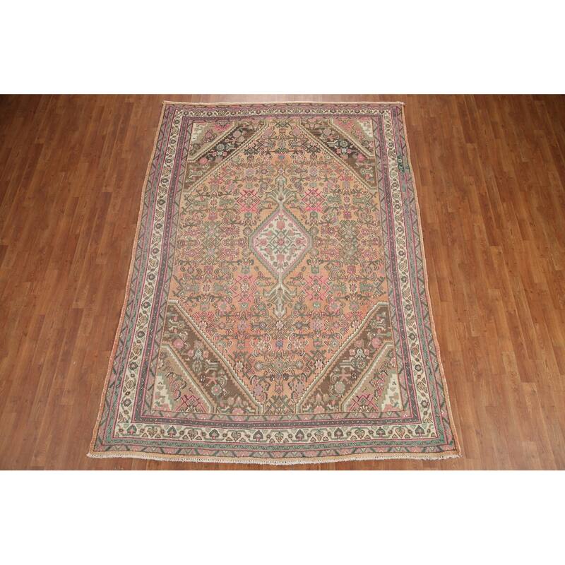 Hand Knotted Oriental 100% Wool Carpet Traditional Medallion Coral Hamedan Area Rug - 9' 8'' X 6' 11''