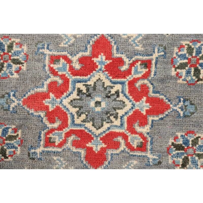 Geometric Grey Kazak Oriental Runner Rug Hand-Knotted Wool Carpet - 2'2" x 5'11"