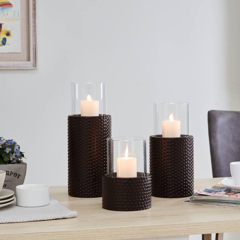 Hurricane Glass Pillar Candle Holders with Textured Base - 12.25" - Brown - Set of 3
