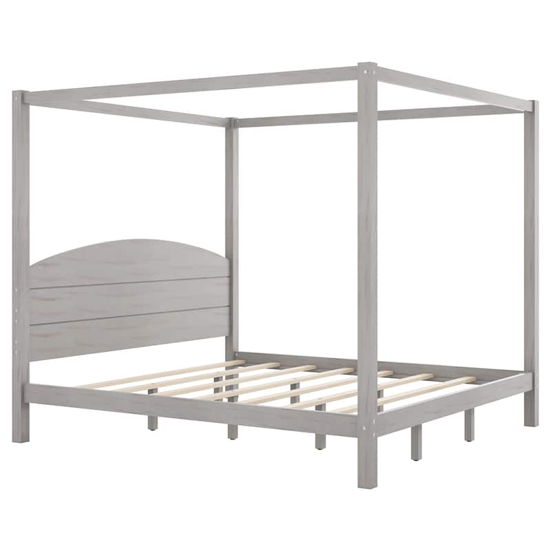 Four Poster Canopy Bed with Built-in Headboard and Support Legs King Size Bed Frame with Wooden Slat Support for Bedroom