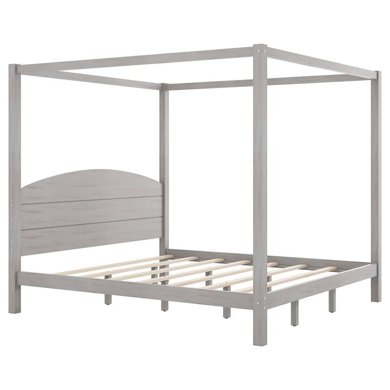 Grey Wash King Size Canopy Platform Bed with Headboard and Support Legs