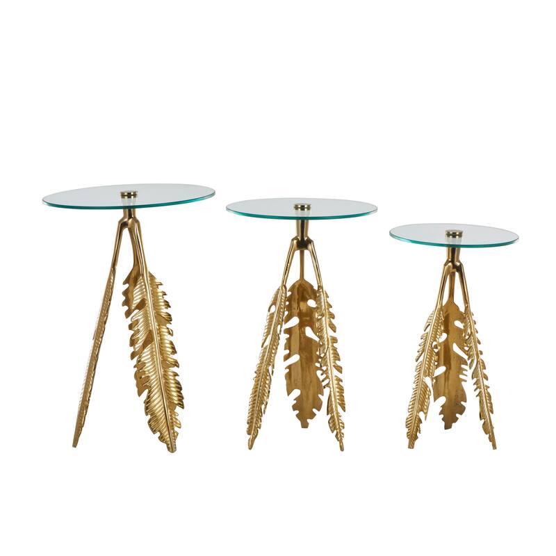 Silver or Gold Aluminum Metal Leaf Side End Accent Table with Tripod Legs and Tempered Glass Top (Set of 3)