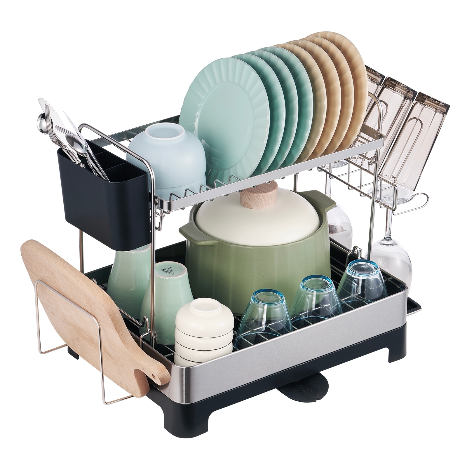 VEVOR 2 Tier Large Dish Drying Rack Rustproof Stainless Steel Over The Sink with Drainboard Cup Utensil Holder 2 Tier