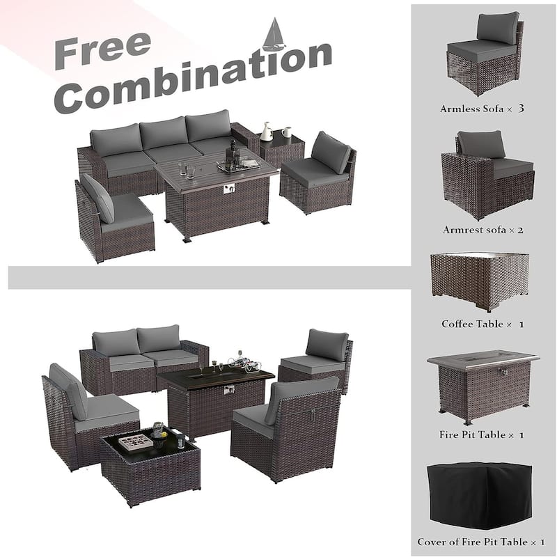 Delnavik 7 Pieces Rattan Outdoor Patio Furniture Sofa Set with Firepit - 7 pcs