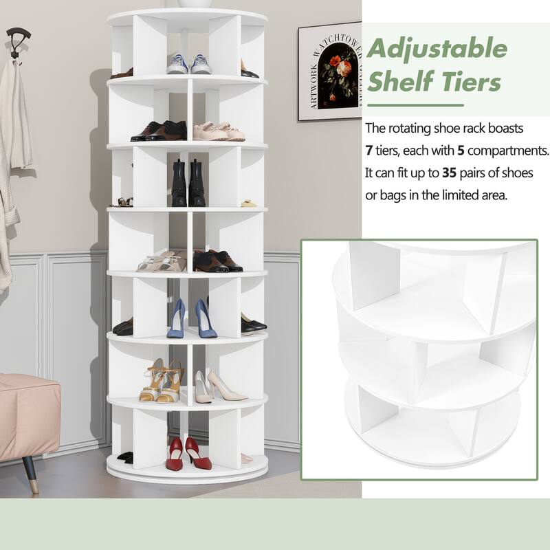 7-Tier Round Rotating Shoe Rack Tower, Spinning Shoe Shelf with 5 Grids Per Layer, Shoe Closet Organizer for Entryway