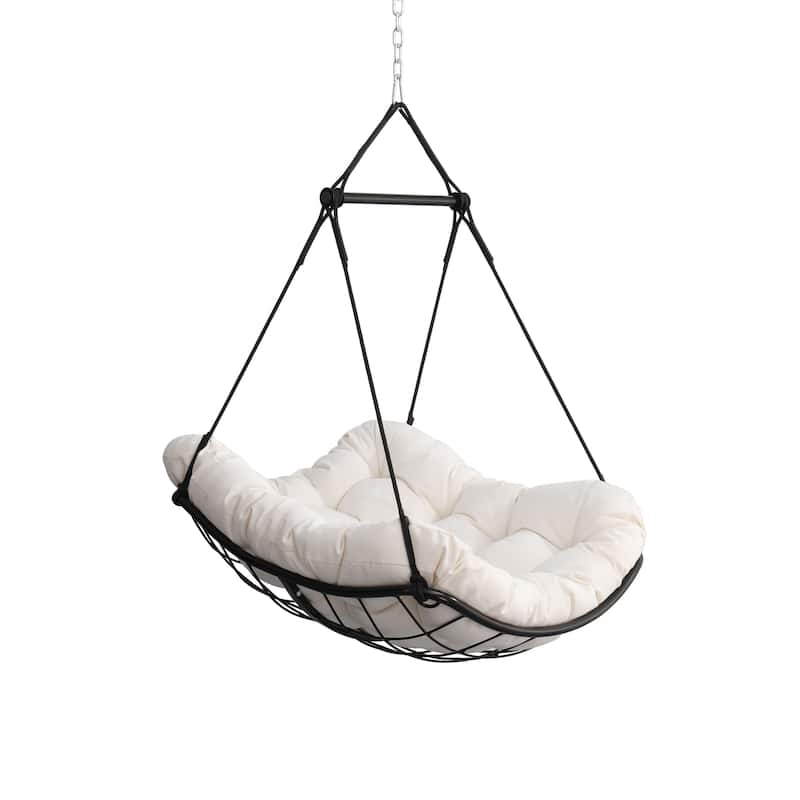 Hammock Chair Swing with Cushion and Steel Bar - Indoor or Outdoor Use - Off-White