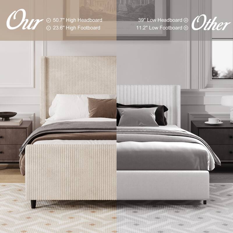 Cream Queen Size Corduroy Upholstered Platform Bed with Vertical Stripe Wingback and High Footboard