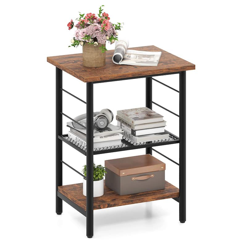 3-Tier Rustic Brown Compact End Table with Storage Shelf and Black Metal Frame for Bedroom Decor - 15" x 12" x 20"