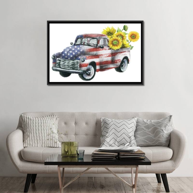 iCanvas "4Th Of July Truck With Sunflowers" by Ephrazy Graphics Framed Canvas Print