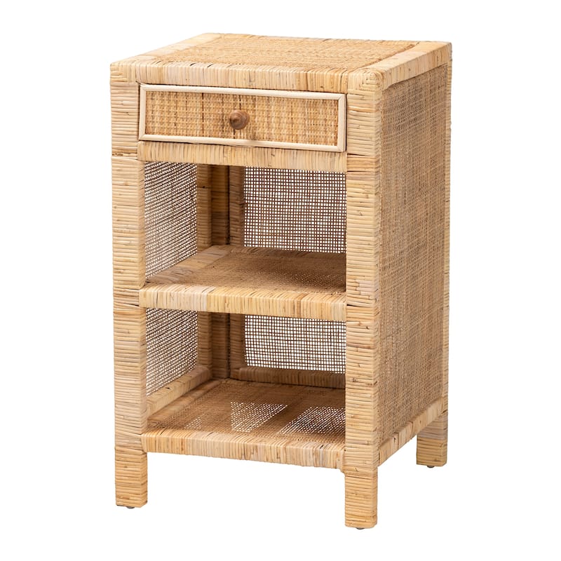 Bella Modern Bohemian Natural Brown Mahogany Wood and Natural Rattan 1-Drawer Nightstand - Natural Brown