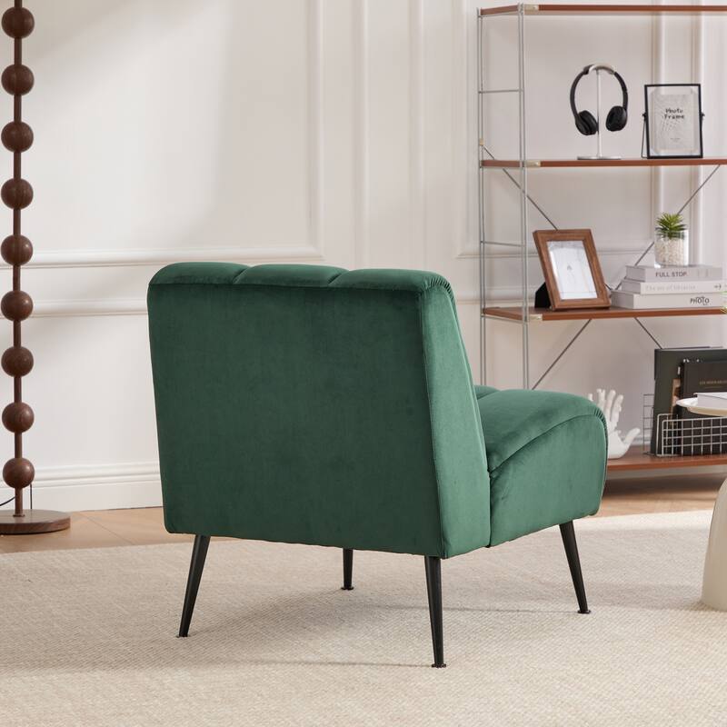 Modern Upholstered Armless Chair with Metal Legs, Green Velvet Accent Chair Side Chair Reading Chair Reception Chair
