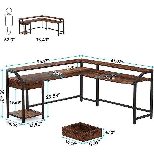55" L Shaped Computer Desk with Drawer & Storage Hutch Shelves - Bed ...