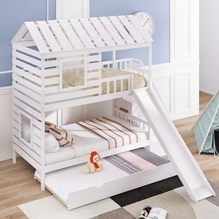 Twin Over Twin House Bunk Bed with Trundle & Slide, Storage Staircase ...